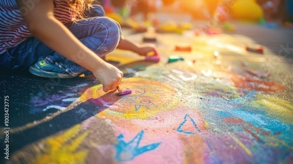 Fototapeta A child's hand draws on a colorful sidewalk chalk drawing. The sun shines brightly.