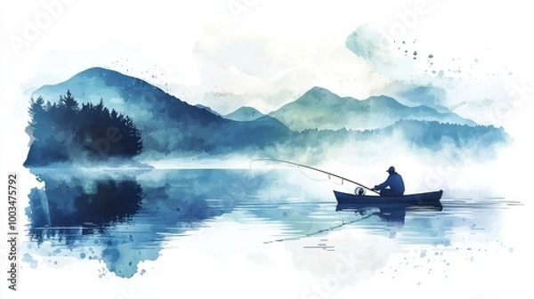 Fototapeta Watercolor landscape of a lone fisherman in a boat on a calm lake with misty mountains in the background at dawn.