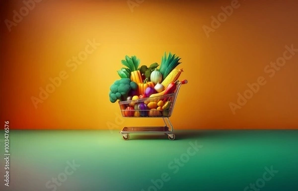 Fototapeta A shopping cart filled with colorful fruits and vegetables against an orange and green background.