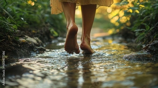 Fototapeta Close-up of a person's bare feet walking through a tranquil forest stream, surrounded by lush greenery and soft sunlight.