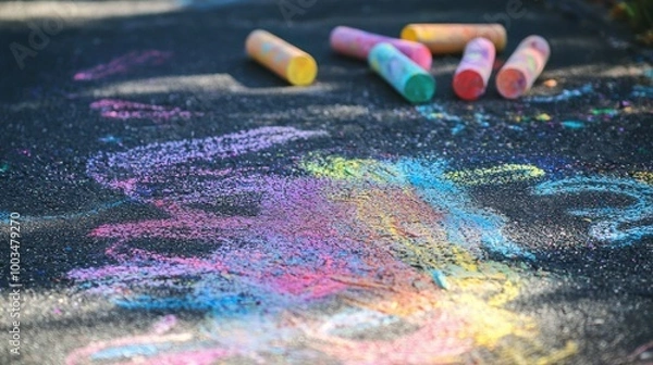 Fototapeta Colorful sidewalk chalk art on asphalt pavement with several pieces of chalk in vibrant hues scattered around.