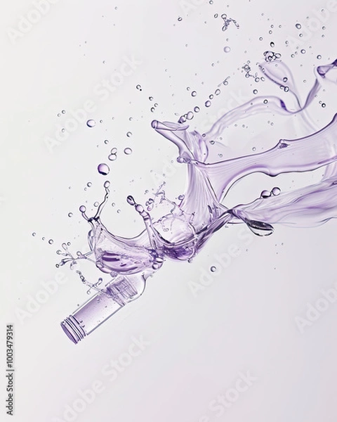 Fototapeta Lavender oil in motion; glossy texture, light purple tint, droplets glowing on bright white.