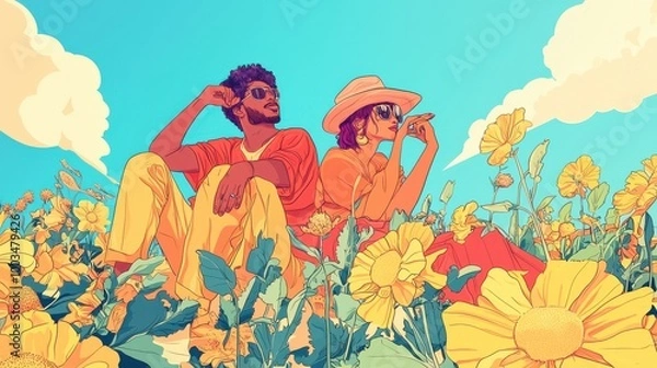 Fototapeta Colorful illustration of two people lounging in a vibrant flower field under a bright sky, embracing the beauty of nature.