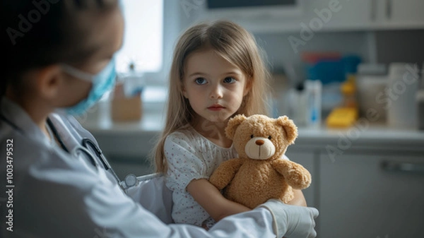 Fototapeta A young girl in a doctors office holding a teddy bear with a concerned look on her face about to get a shot vaccine vaccination