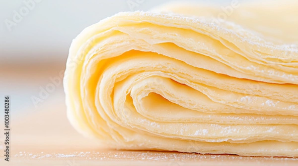 Fototapeta A close-up image of puff pastry dough, showcasing its delicate layers and buttery texture