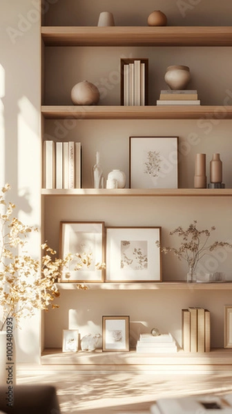 Fototapeta Modern Minimalist Studio Background with Shelving and Warm Ambiance