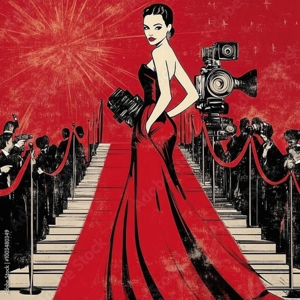 Fototapeta Red Carpet Glamour: A captivating illustration of a woman in a stunning red gown, gracefully descending a red carpet amidst flashing cameras and adoring fans.