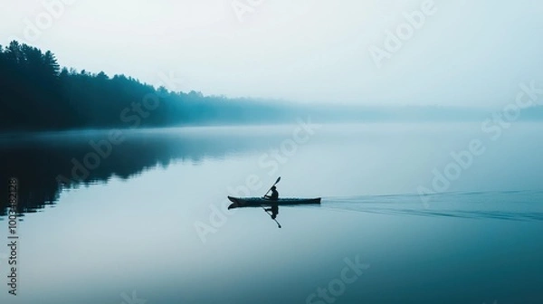 Fototapeta Serene scene of a lone kayaker paddling on a calm lake surrounded by misty forest at dawn, reflecting tranquility and nature's beauty.