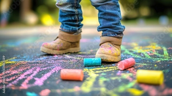 Fototapeta Child wearing boots standing on a colorful sidewalk chalk drawing on a sunny day.