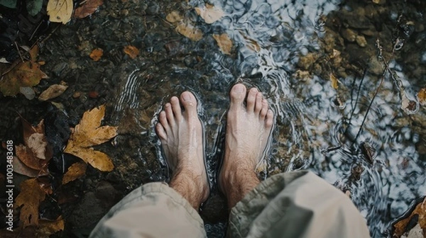 Fototapeta Bare feet standing in a clear stream surrounded by autumn leaves, capturing tranquility and connection with nature in a serene outdoor setting.