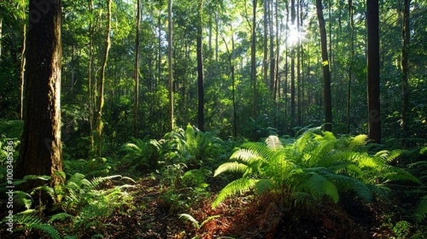 Fototapeta Sunlight streaming through the trees in a lush green forest, with ferns in the foreground.