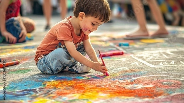 Fototapeta Young boy drawing with colorful chalk on pavement during outdoor art event. Child creativity and fun in a public park.