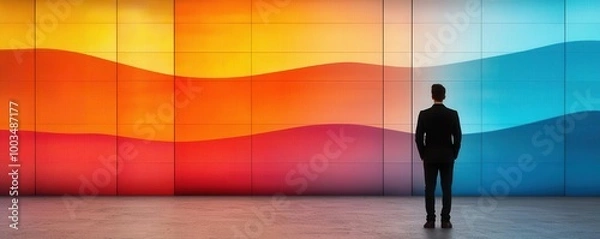 Fototapeta Person standing in front of a large abstract screen displaying decreasing interest rates, modern economy focus