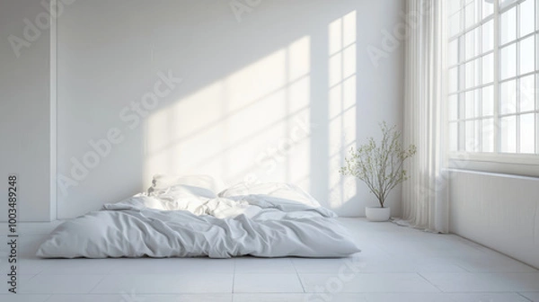 Fototapeta Bedroom with Clean Bedding and Minimalist Design: A minimalist bedroom mockup with clean bedding and a simple design.