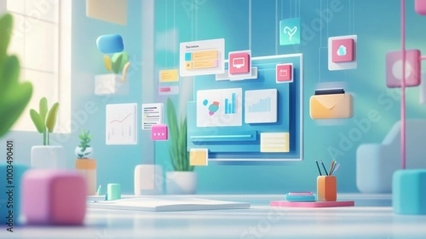 Fototapeta Futuristic Project Management Tools in Digital Workspace with Modern Design Elements and Natural Light Illumination