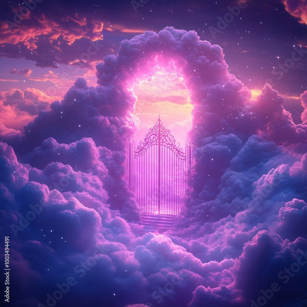 Fototapeta Heavenly Gate Amongst Dreamy Pink and Purple Clouds, Symbolizing a Portal to the Afterlife with Ethereal Lighting and Starry Sky.