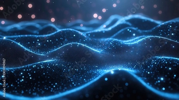 Fototapeta Abstract blue tech background with digital waves, dynamic network system 