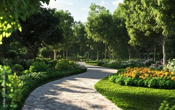 Fototapeta A winding stone path leads through a lush green garden with vibrant flowers and tall trees.
