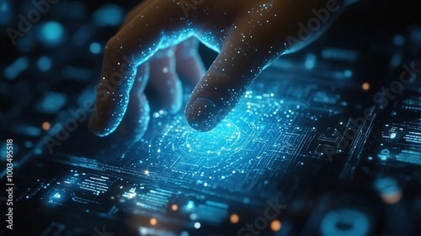 Fototapeta Finger touch AI bot, creative services icons, Virtual Blue Technology