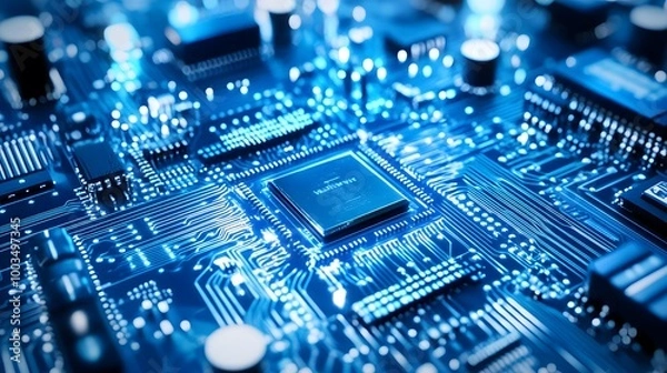 Fototapeta Closeup of a Blue Circuit Board with Processor