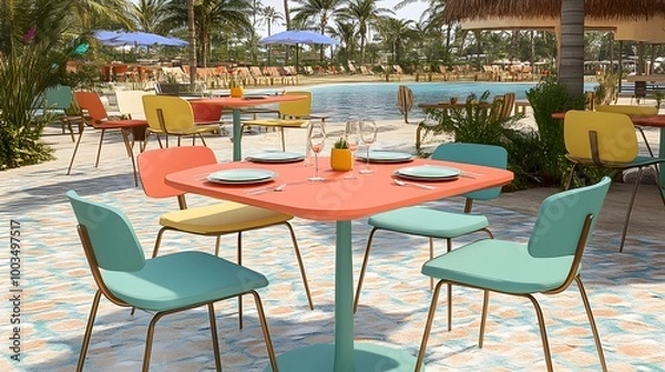 Fototapeta Colorful Outdoor Dining Set with Swimming Pool View