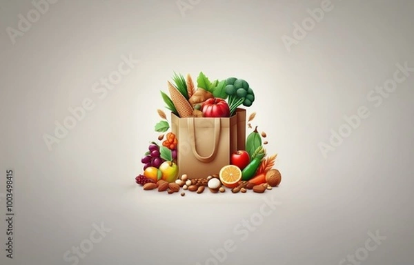 Fototapeta A brown paper bag overflowing with fresh produce and nuts.