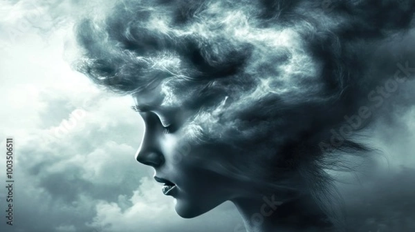 Fototapeta A surreal portrait blending human features with cloud-like elements, evoking introspection.
