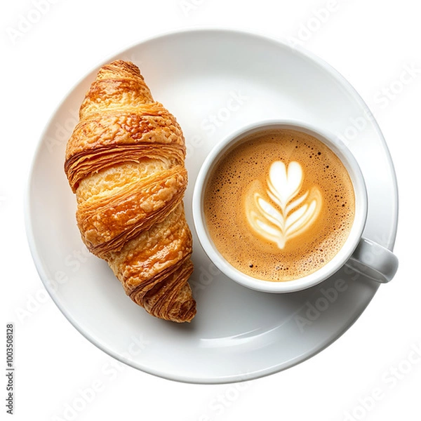 Obraz a cup of coffee with croissant on white plate isolated on transparent background