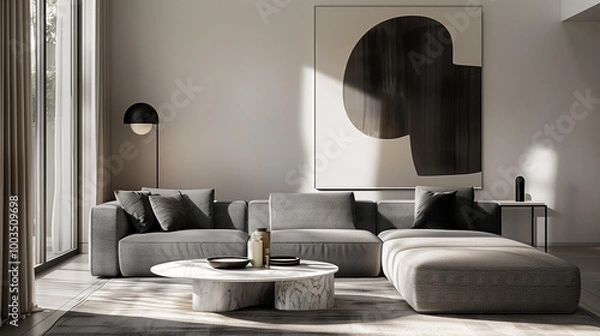 Fototapeta Contemporary living room featuring a sleek grey sectional sofa, paired with a marble coffee table and abstract black-and-white artwork. interior design idea 