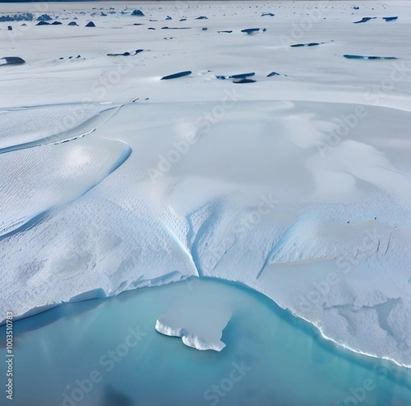 Fototapeta Snow Covered Antarctic Surface Aerial View Flight. South Pole Ice Landscape. Winter Frozen Ground Continent Snowy Frost Rock Epic Drone Fly