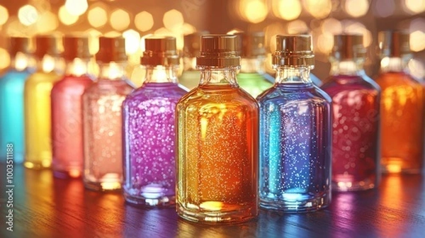 Fototapeta Colorful glass bottles filled with shimmering liquid displayed on a wooden surface in a warm setting during evening hours
