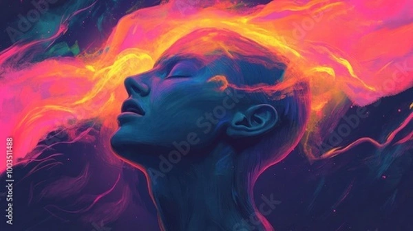 Fototapeta A vibrant depiction of a person with colorful energy emanating from their head.