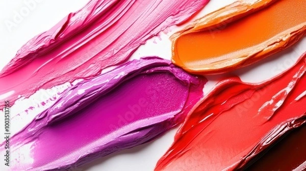 Fototapeta Lipstick and gloss smudges spread across a white background, focusing on the vivid colors and creamy textures of beauty products