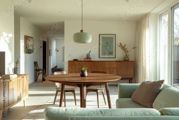 Fototapeta Modern living room with wooden furniture and light green sofa, featuring a round wooden table, a large window with curtains, and a wooden cabinet.