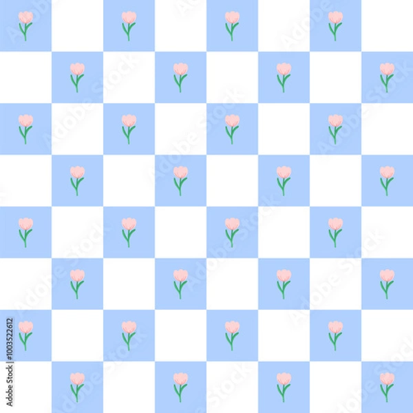Obraz Flowers blue and white chess grid seamless pattern. pink tulips Flower. modern elements. flowers background design. Illustration vector 10 eps.
