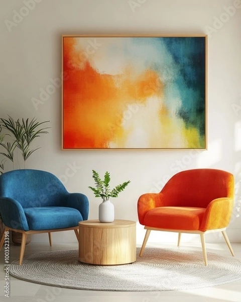Fototapeta Two armchairs with blue and orange upholstery sit on a rug with a wooden coffee table between them.  A framed abstract painting hangs on the wall.