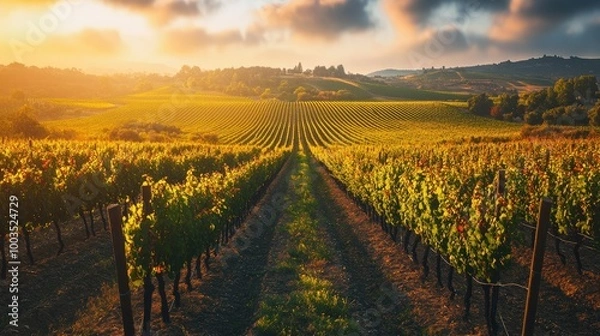 Fototapeta Scenic vineyard in the early morning light, with rows of grapevines stretching into the distance.