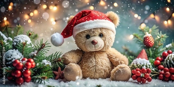 Obraz Adorable bear wearing a red hat, surrounded by cheerful decorations and sparkling snowflakes, spreading warmth and joy