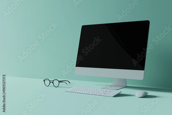 Fototapeta Minimalist office desk setup with computer monitor, keyboard, and eyeglasses on pastel background.