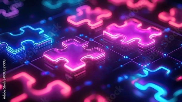 Obraz Vibrant neon puzzle pieces locking on a glowing screen, symbolizing successful API integration in a tech world