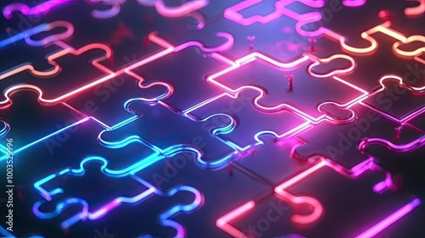 Fototapeta Vibrant neon puzzle pieces locking on a glowing screen, symbolizing successful API integration in a tech world
