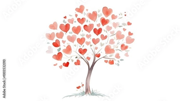 Obraz Illustration of a watercolor love tree with red hearts on a white background, symbolizing love, growth, and affection.


