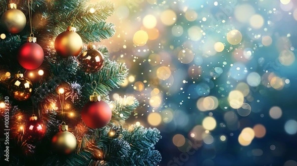 Fototapeta Festive christmas tree decorated with colorful baubles and softly blurred shiny lights creating a warm holiday atmosphere