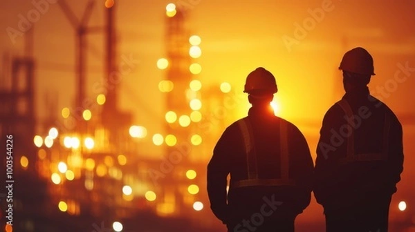 Fototapeta Engineers and construction workers in hard hats standing tall, silhouetted by a glowing light fair