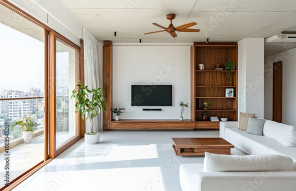 Fototapeta Modern interior design of a living room with white walls and a wooden TV stand, white floor tiles, a balcony in the background, a black ceiling fan, a large flat-screen TV on the wall. Created with Ai