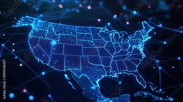 Fototapeta Blue abstract digital map of America with lines and dots. Suitable for travel, navigation, cartography, geography, cyber technology concepts, data transfer and business information network
