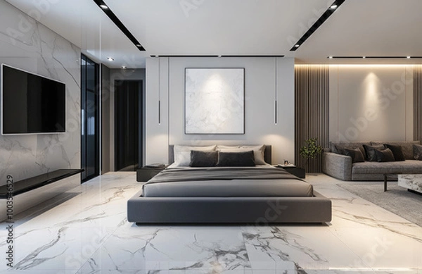 Fototapeta  Modern-style bedroom with a white marble floor featuring gray and black veins. The TV wall is on the right side of the bed. Created with Ai