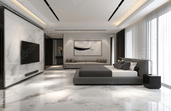 Fototapeta  Modern minimalist style, with white marble floor tiles and gray-black stone wall panels. A TV is placed on the right side of the bedroom. Created with Ai
