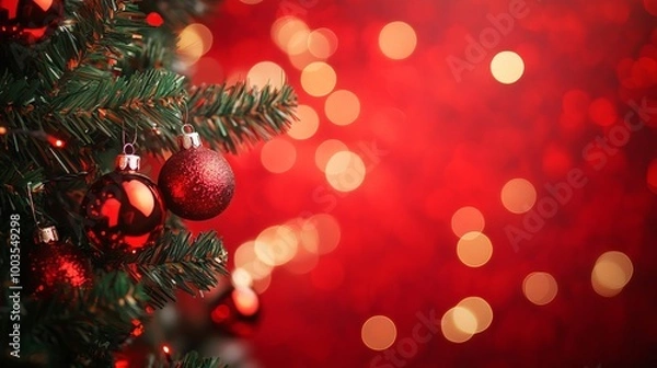 Fototapeta Festive christmas tree decorated with ornaments and glowing bokeh lights on a vibrant red background