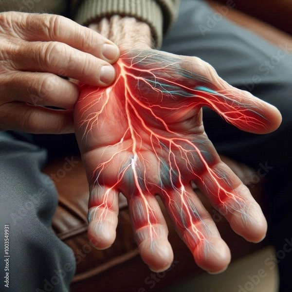 Fototapeta Elderly patient’s hand displaying symptoms of peripheral neuropathy pain and weakness